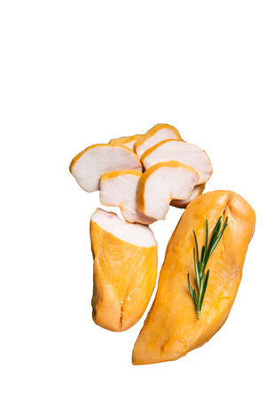 Sliced Smoked chicken breast fillet meat on a butcher board. High quality Isolate, white backgroundの写真素材