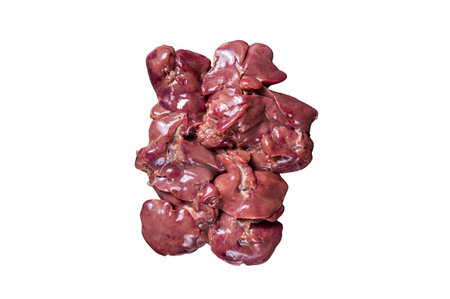 Raw chicken liver meat on marble board with thyme. High quality Isolate, white backgroundの写真素材