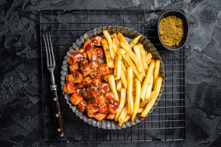 German fastfood currywurst meal, curry wurst with French fry. Black background. Top view.