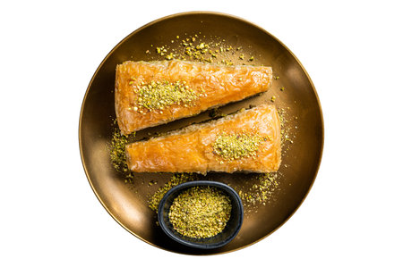 Carrot Slice Baklava, Turkish Havuc Dilim Baklava with pistachio. Isolated on white backgroundの写真素材