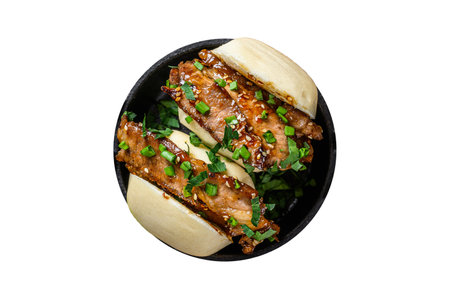 Bao bun, steamed sandwich with pork. Isolated, white backgroundの写真素材