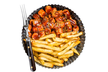 German fastfood currywurst meal, curry wurst with French fry. Isolated, white background