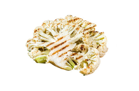 Grilled cauliflower steak with thyme and spices in a plate. Isolated, white backgroundの写真素材