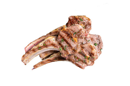 Grilled New Zealand Lamb Chops, mutton cutlets on wooden board. Isolated, white background