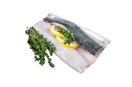 Sea Bass fillets, Raw Seabass fish with thyme, pink salt and lemon on marble board. Isolated, white...