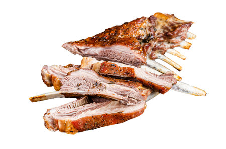 Roast lamb ribs, mutton spareribs, sliced meat on wooden board. Isolated, white backgroundの写真素材