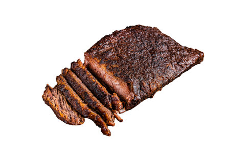 Smoked Barbecue Beef Brisket with Sauce on wooden board. Isolated, white backgroundの写真素材
