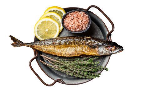 Baked Mackerel Scomber fish in steel tray with thyme and lemon. Isolated, white background