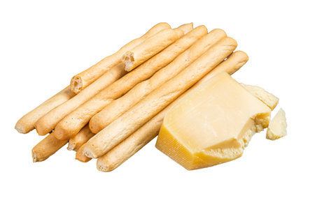 Traditional Italian appetizer grissini bread sticks on wooden board with olives and parmesan cheese. Isolated, white backgroundの写真素材