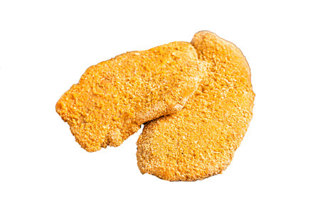 Homemade raw breaded German Weiner Schnitzel. Isolated, white backgroundの写真素材