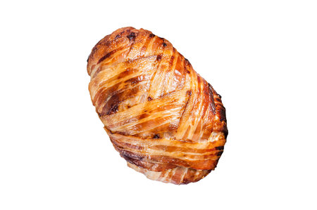 Baked meatloaf with bacon, meat loaf on a grill. Isolated, white backgroundの写真素材