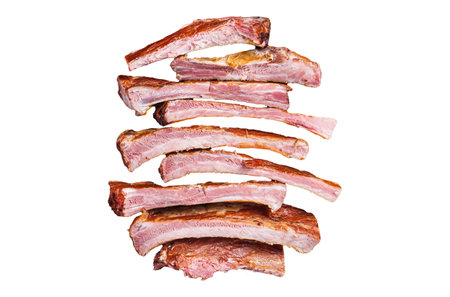 Homemade Smoked Barbecue Pork Ribs in wooden plate ready for eat. Isolated, white backgroundの写真素材