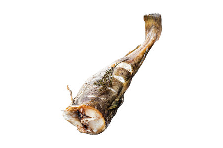Roasted cod white fish with thyme on marble board. Isolated, white background