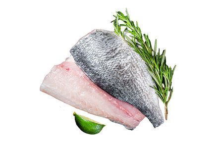 Uncooked Raw Dorado Sea breath fish fillets. Isolated, white background