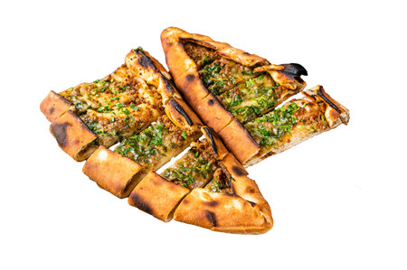 Traditional Turkish baked pide, Middle Eastern snack. Turkish pizza. Isolated, white backgroundの写真素材
