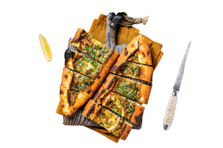 Traditional Turkish baked pide, Middle Eastern snack. Turkish pizza. Isolated, white backgroundの写真素材