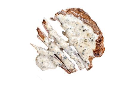 Roast fillet beef meat steak with peppercorn sauce on wooden board. Isolated on white backgroundの写真素材