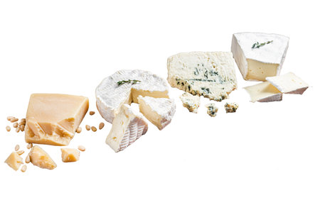 Cheese plate with camembert, brie, Gorgonzola, parmesan, olives, nuts and crackers. Isolated on...