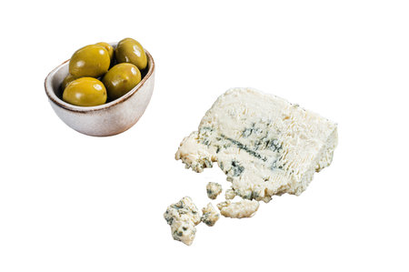 Danish blue cheese on a wooden board with olives and rosemary. Isolated on white backgroundの写真素材
