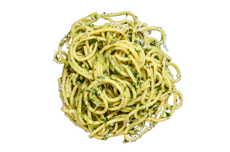 Spaghetti Pasta with pesto sauce, spinach and parmesan in a pan. Isolated on white backgroundの写真素材