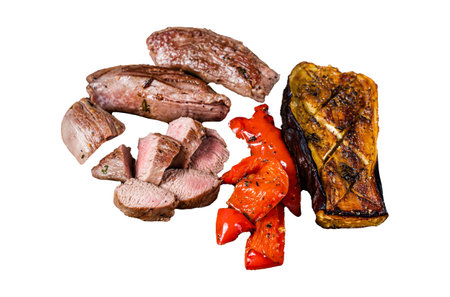 Roasted lamb tenderloin Fillet Meat steak on wooden cutting board. Isolated on white backgroundの写真素材