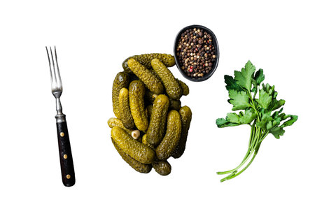Gherkin Pickled cucumbers with garlic and spices. Isolated on white backgroundの写真素材