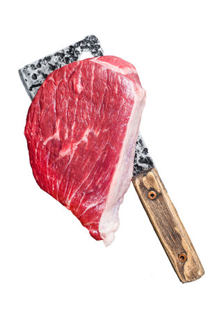 Fresh Raw rump beef cut or top sirloin cap steak on butcher cleaver. Isolated on white backgroundの写真素材