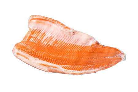 Raw salmon fish fillet, cooking steaks on grill with herbs. isolated on white backgroundの写真素材