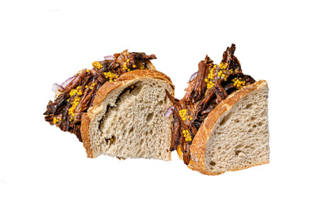 Sandwich with slow smoked pulled pork meat on white bread. Isolated on white background