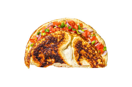 Stuffed egg omelet with tomato, onion and herbs on a plate. Isolated on white backgroundの写真素材