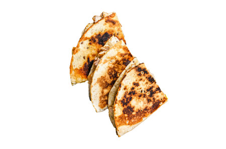 Mexican quesadilla with chicken, paprika, cheese and cilantro Isolated on white background, top viewの写真素材