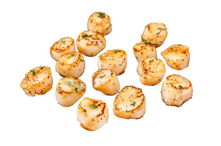 Fried scallops with butter spicy sauce Isolated on white background, top view