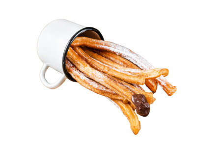 Churros with sugar and chocolate sauce. Isolated on white background, top viewの写真素材