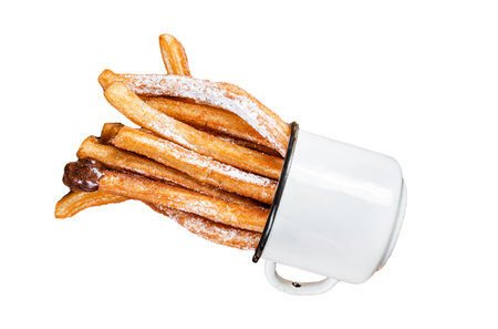 Churros with sugar and chocolate sauce. Isolated on white background, top viewの写真素材