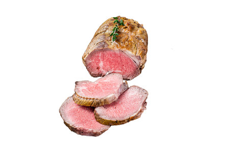 Roast Tenderloin beef fillet meat Isolated on white background, top viewの写真素材