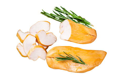 Sliced Smoked chicken breast fillet meat Isolated on white background, top viewの写真素材