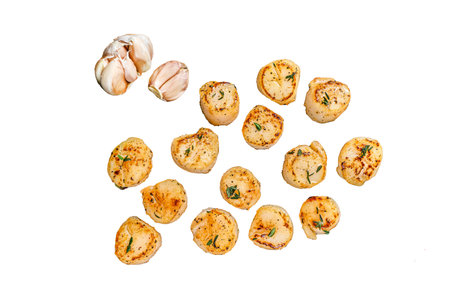 BBQ Seared scallops with butter sauce Isolated on white background, top viewの写真素材