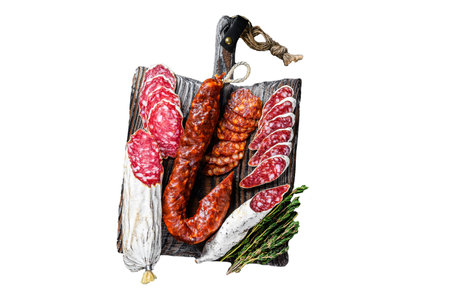 Spanish tapas sliced sausages salami, fuet and chorizo Isolated on white background, top viewの写真素材