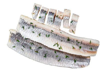 Sliced salted herring fish fillet Isolated on white background, top view