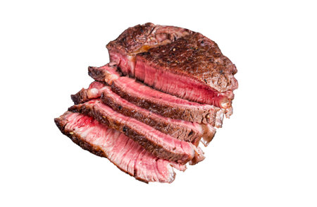 Fillet Mignon tenderloin Grilled and sliced meat beef steaks. Isolated on white background, top view
