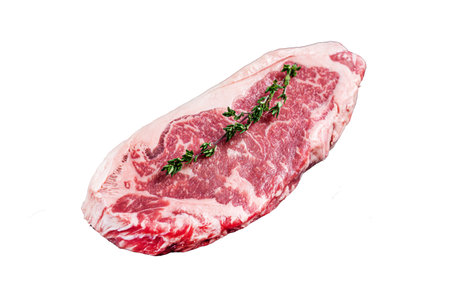 Raw new york strip steak Isolated on white background, top viewの写真素材