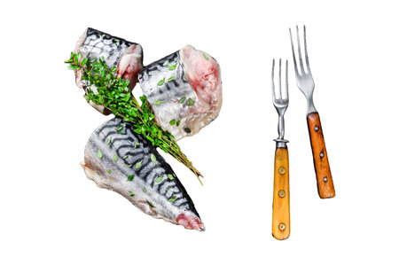 Cut smoked mackerel fish with herbs. Isolated on white background, top viewの写真素材