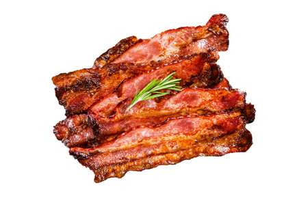 Roasted pork Bacon sizzling slices Isolated on white background, top view