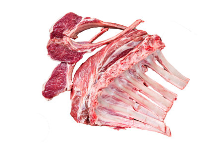 Raw Rack and rib chops of lamb, mutton Isolated on white background, top view