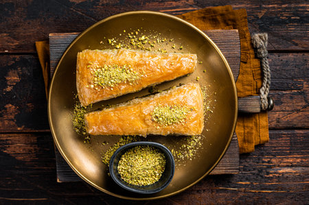 Carrot Slice Baklava, Turkish Havuc Dilim Baklava with pistachio. Wooden background. Top view.の写真素材