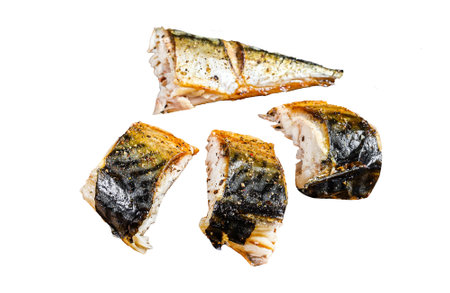 Grilled cut mackerel fish Isolated on white background, Top viewの写真素材