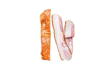 Smoked pork belly bacon block. Isolated on white background, Top view
