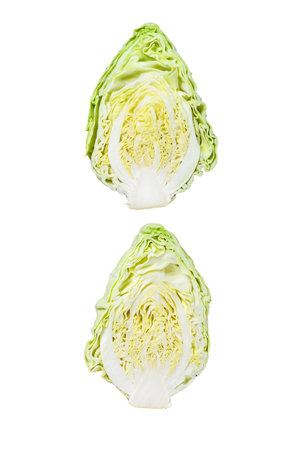 Raw Cutting Pointed white cabbage head Isolated on white background. Top viewの写真素材