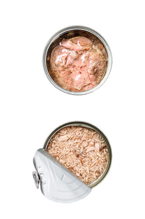 Canned meat in a jar. Isolated on white background. Top viewの写真素材