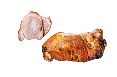 Sliced roasted pork knuckle Isolated on white background. Top viewの写真素材